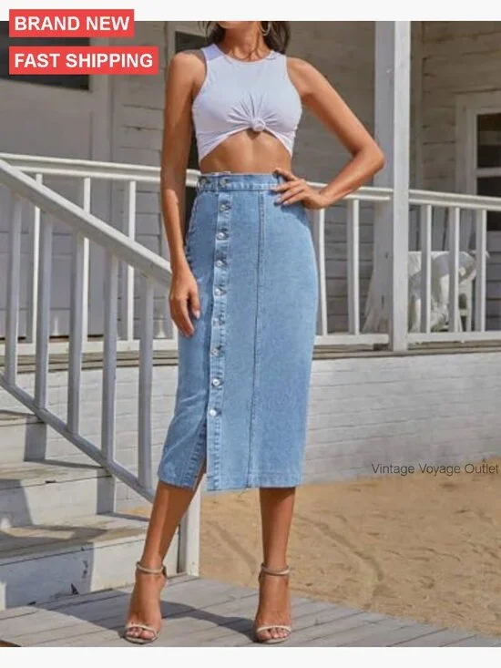 Stretch Denim Midi Skirt High Waisted Button Front Slit Casual - Picture 2 of 7